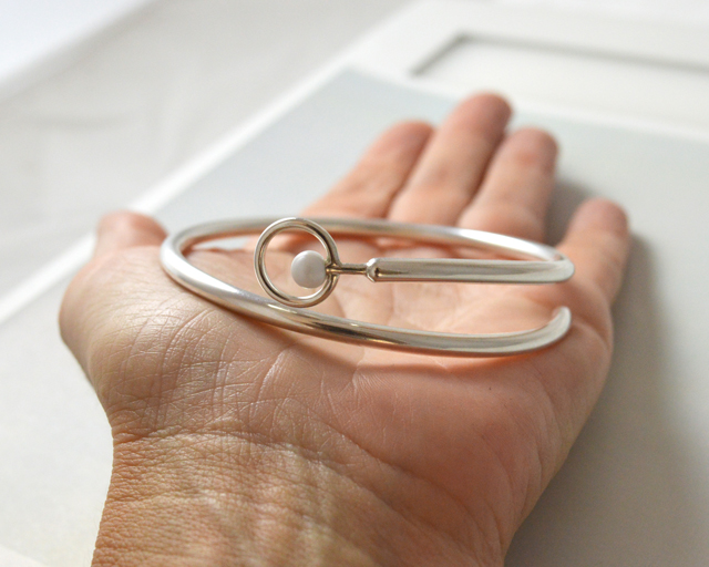 Pearly White Sterling Silver Bangle - handmade silver jewellery by Jocale Design